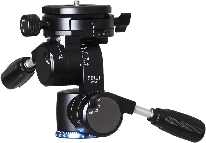 Four way head with foldable handles and Arca Swiss compatible quick release mount.
