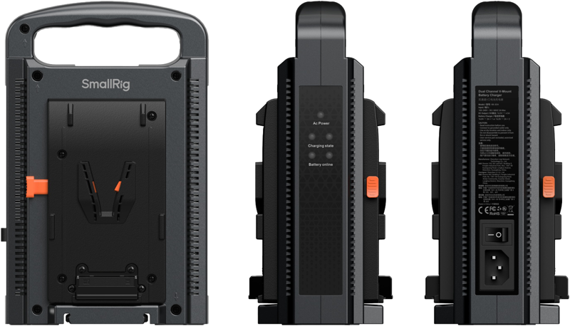 enabling simultaneous charging of two V-mount batteries for enhanced efficiency. Equipped with an intelligent charging circuit