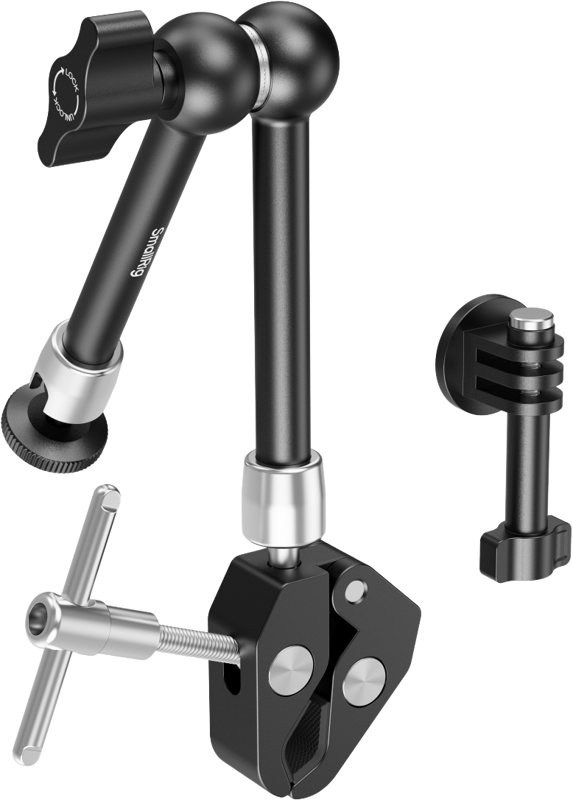 Consists of an integrated magic arm with a crab-shaped clamp and an action camera mount. One end features a 1/4"-20 screw that pairs seamlessly with the action camera mount