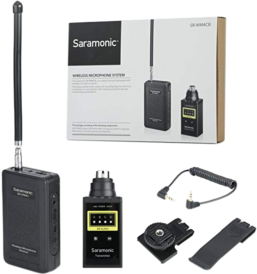 4-channel Lavalier VHF Wireless Microphone system with transmitter (plug-on) and receiver (RX).