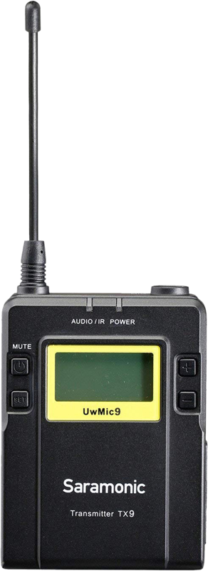 Wireless audio transmitter for body mounting. Includes lavalier microphone.