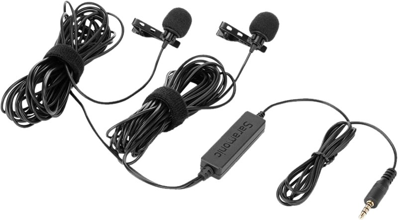 2 high-quality wired lavalier microphones that connect to a single mic input. Provides broadcast-quality sound.