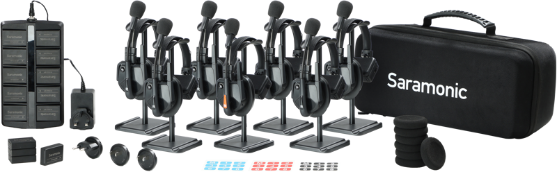 The WiTalk9-7S 7-Person Full-Duplex Wireless Intercom System is a DCT-based system that provides reliable and clear communication in live-event production applications without requiring a hub or bodypack.