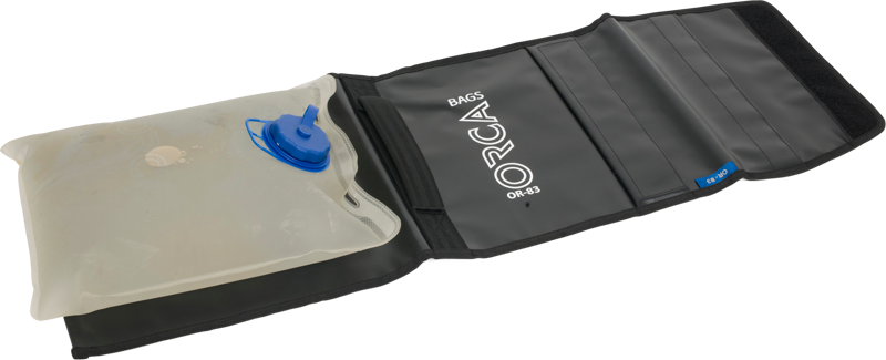 with an option to then fill the bag with water or sand. The bag is made from one cavity of durable tarpaulin material with a binding strap