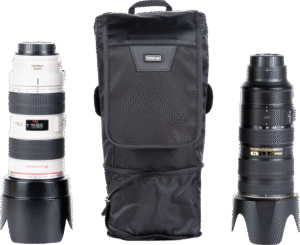 compressible pouch accommodates a 70–200mm f/2.8 lens with hood reversed or in shooting position when popped down