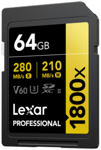 the Lexar Professional 1800x SDXC UHS-II Card GOLD Series lets you quickly capture and transfer high-quality photos and stunning Full-HD and 4K video with speeds up to 280MB/s read1. With the latest UHS-II technology and Video Speed Class 60 (V60) rating