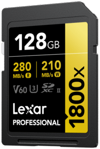 the Lexar Professional 1800x SDXC UHS-II Card GOLD Series lets you quickly capture and transfer high-quality photos and stunning Full-HD and 4K video with speeds up to 280MB/s read1. With the latest UHS-II technology and Video Speed Class 60 (V60) rating