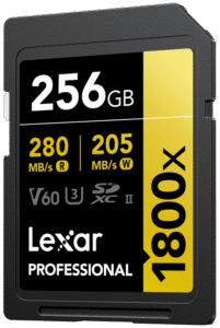 the Lexar Professional 1800x SDXC UHS-II Card GOLD Series lets you quickly capture and transfer high-quality photos and stunning Full-HD and 4K video with speeds up to 280MB/s read1. With the latest UHS-II technology and Video Speed Class 60 (V60) rating