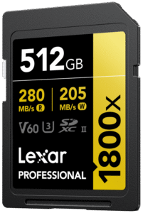 the Lexar Professional 1800x SDXC UHS-II Card GOLD Series lets you quickly capture and transfer high-quality photos and stunning Full-HD and 4K video with speeds up to 280MB/s read1. With the latest UHS-II technology and Video Speed Class 60 (V60) rating