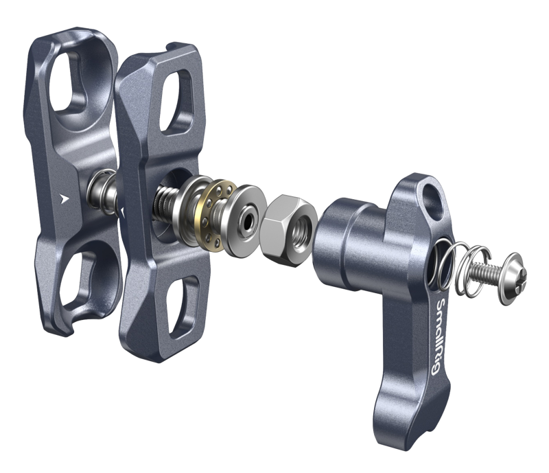 features one 1/4"-20 screw and stretchable pins that prevent twisting. It´s compact and lightweight.