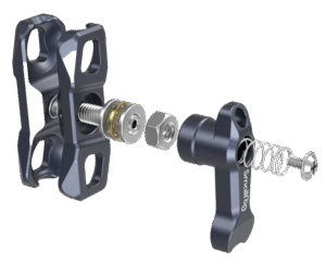 features one 1/4"-20 screw and stretchable pins that prevent twisting. It´s compact and lightweight.