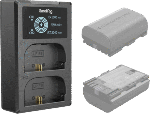 which can charge two batteries at the same time. The LCD screen displays the charging voltage