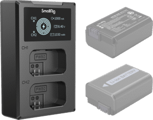 which can charge two batteries at the same time. The LCD screen displays the charging voltage