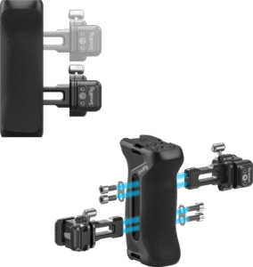 while providing basic accessory mounts. The handle snaps on or releases a NATO rail within one second without first removing other accessories.