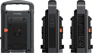 enabling simultaneous charging of two V-mount batteries for enhanced efficiency. Equipped with an intelligent charging circuit