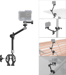 and an action camera mount. One end of the kit features a 1/4"-20 screw for mounting an action camera
