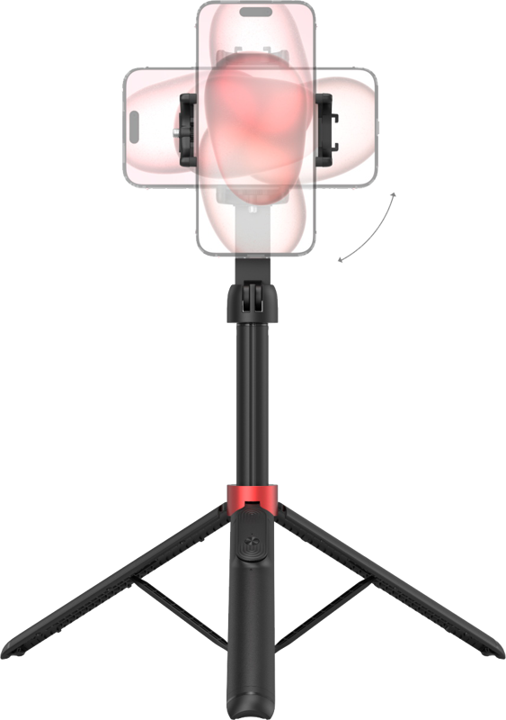 with adjustable length ranging from 370mm to 1300mm. The foldable phone clamp accommodates both iPhone and Android phones