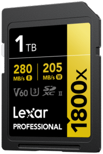 the Lexar Professional 1800x SDXC UHS-II Card GOLD Series lets you quickly capture and transfer high-quality photos and stunning Full-HD and 4K video with speeds up to 280MB/s read1. With the latest UHS-II technology and Video Speed Class 60 (V60) rating