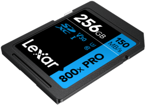 the 256GB High-Performance 800x PRO UHS-I SDXC Card (BLUE Series) from Lexar features a storage capacity of 256GB and may be used for 4K