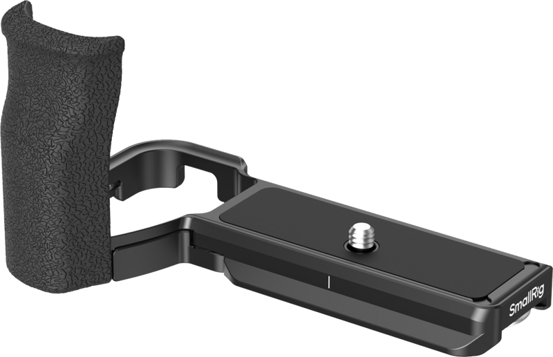 the L-shape mount plate with a silicone handle fits snugly and seamlessly into the camera.