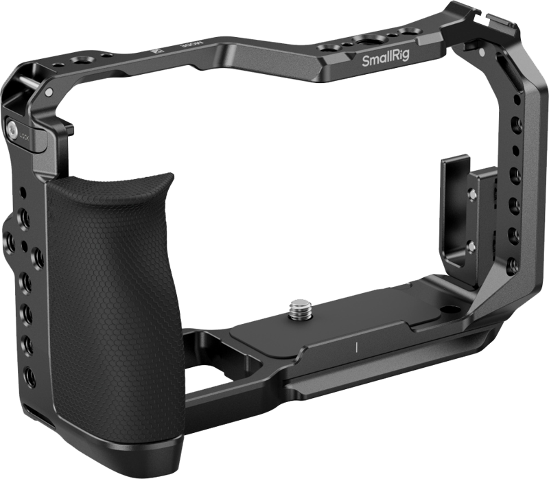 it secures to the camera using a bottom 1/4"-20 screw and dual side locating blocks for anti-twist stability