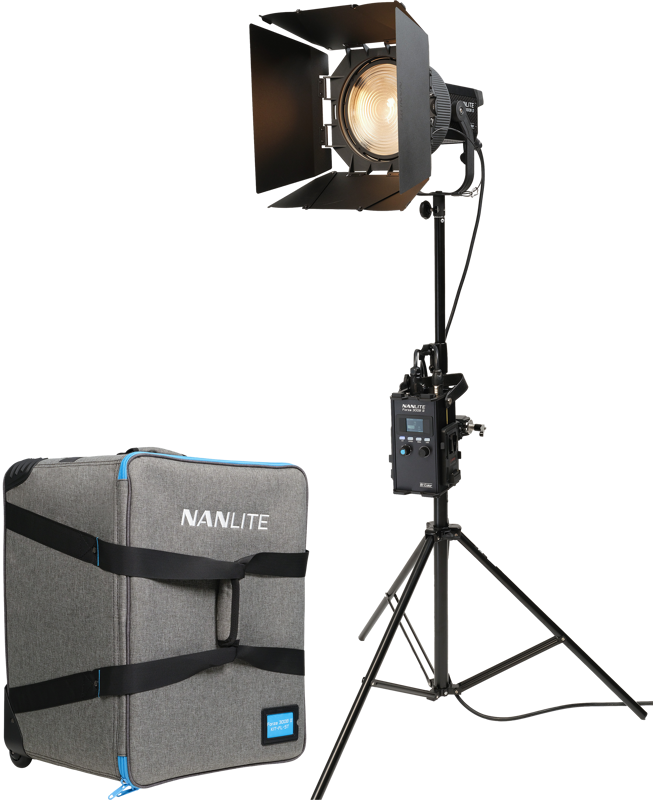 The Nanlite Forza 300B II LED Spotlight and FL-20G Fresnel Rolling Case Kit is a compact powerhouse featuring a 37% smaller