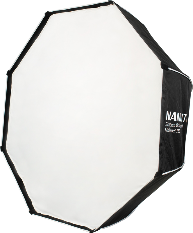 The NANLITE Octangle softbox for the MixPanel 150 is designed to create a 88 degree beam angle of rounded soft light from a rectangle panel