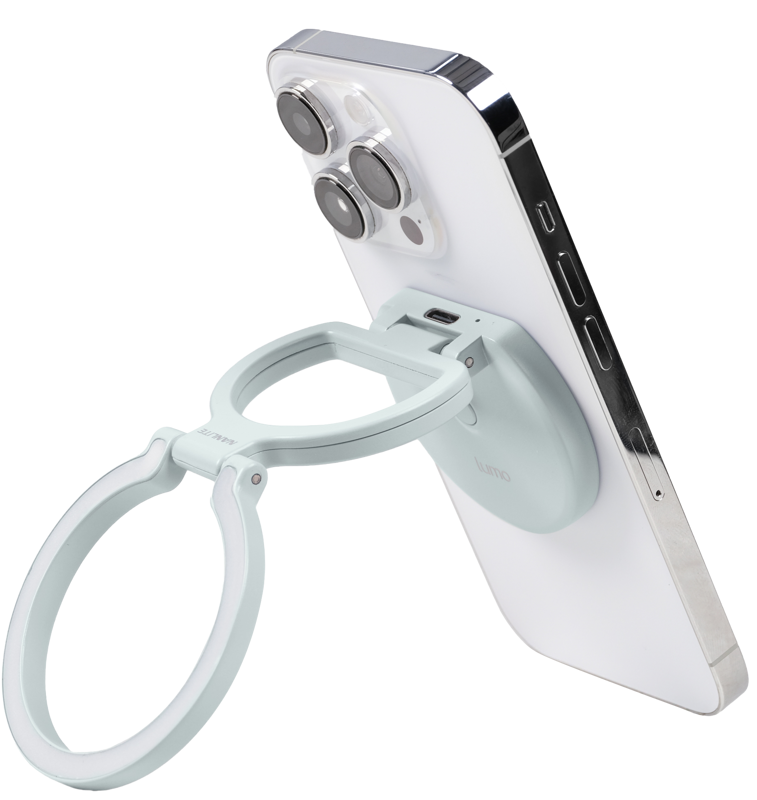 MagSafe-compatible LED light that also works as a phone grip or stand. Delivers flattering ring light with adjustable brightness and color temperature. Lightweight
