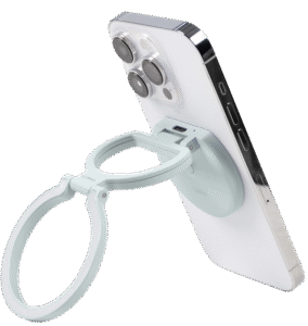 MagSafe-compatible LED light that also works as a phone grip or stand. Delivers flattering ring light with adjustable brightness and color temperature. Lightweight