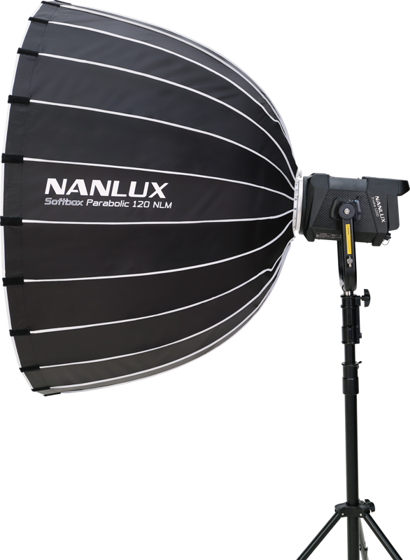 the parabolic light box produces a uniform and gentle quality of light. The parabolic softbox uses the Nanlux NLM mount to quickly attach and detach from Nanlux fixtures such as the Evoke 1200.