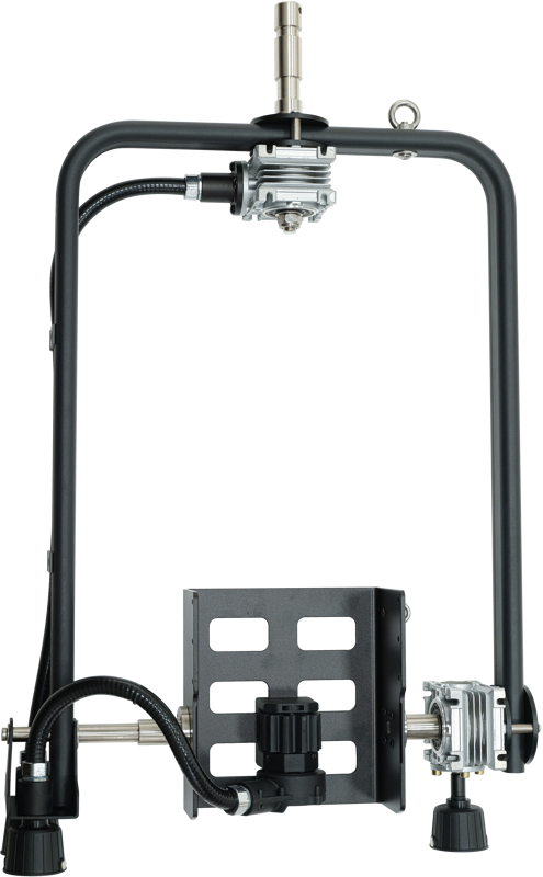 Pole-operated yoke for Evoke 1200B from Nanlux allows the fixture to be hung overhead on a pole or grid.