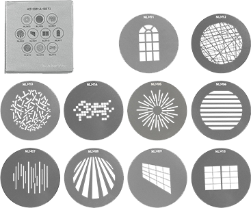 NL Mount Projection Attachment Gobo Set 1———This set includes 10 pieces of A size gobo