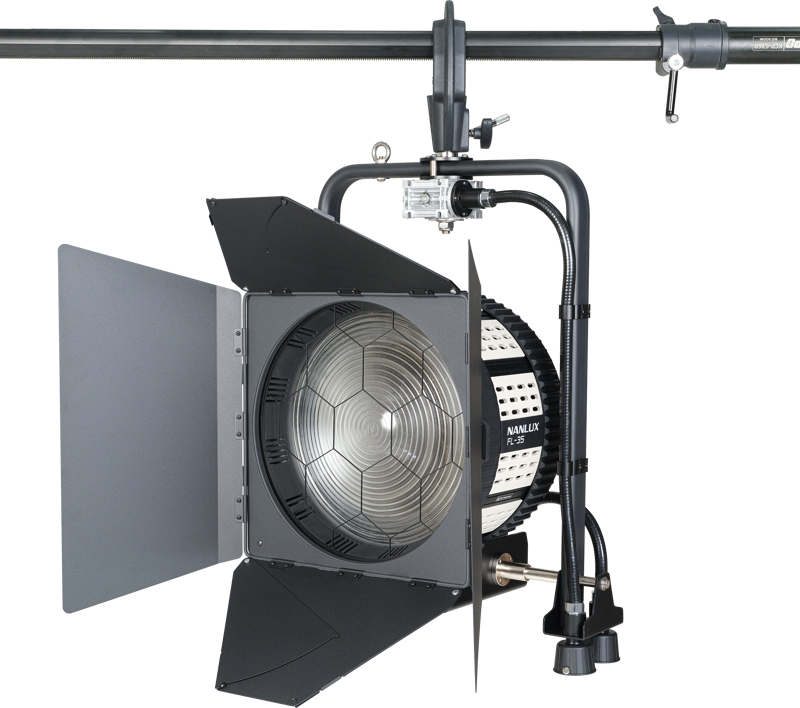 The Pole-Operated Yoke and Fresnel Lens for Evoke 1200B from Nanlux allows the fixture to be hung overhead on a pole or grid.