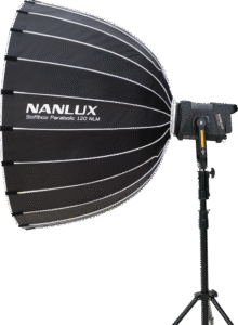 the parabolic light box produces a uniform and gentle quality of light. The parabolic softbox uses the Nanlux NLM mount to quickly attach and detach from Nanlux fixtures such as the Evoke 1200.