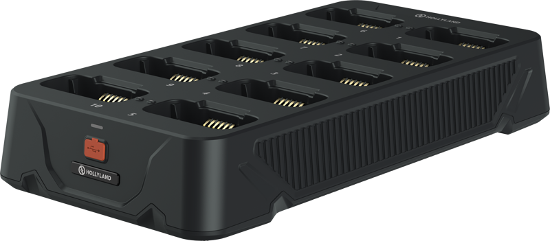 This 10-slot charging base is engineered for the Hollyland Solidcom H1 system to keep up to ten Li-ion batteries charging and ready simultaneously. Its robust design ensures efficient power distribution and is ideal for professional intercom setups or production environments needing many backup batteries.