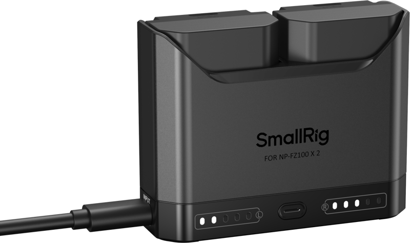 providing extended shooting time for demanding workflows. The charger’s dual-slot design allows for simultaneous charging of two batteries or single-battery charging