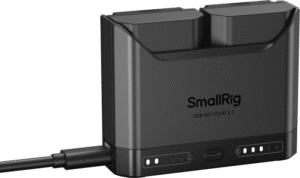 providing extended shooting time for demanding workflows. The charger’s dual-slot design allows for simultaneous charging of two batteries or single-battery charging