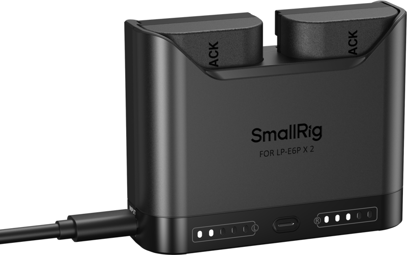 providing extended shooting time for demanding workflows. The charger’s dual-slot design allows for simultaneous charging of two batteries or single-battery charging