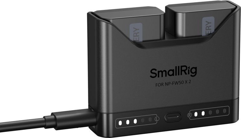 providing extended shooting time for demanding workflows. The charger’s dual-slot design allows for simultaneous charging of two batteries or single-battery charging