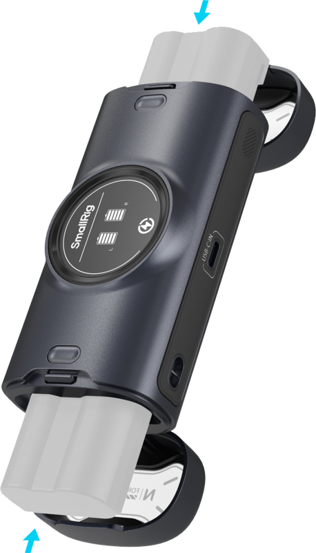 capable of charging both OEM and third-party options. This compact charger holds two batteries