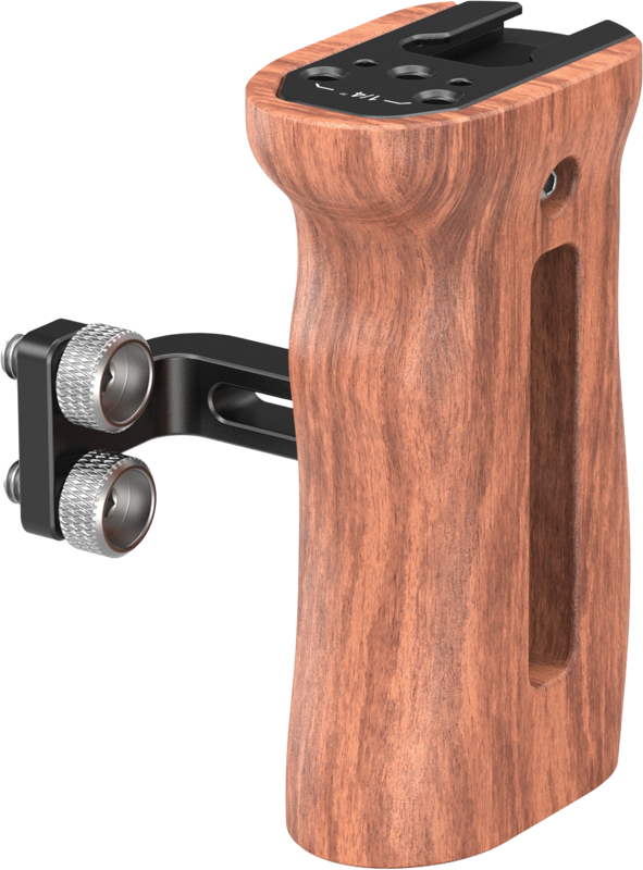 Designed to provide comfortable handheld shooting. It attaches to cages with two 1/4''-20 threaded holes spaced 18mm apart using two 1/4''-20 thumbscrews