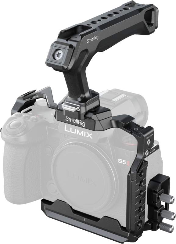 Designed to assist with handheld shooting and attach accessories. It includes a cage