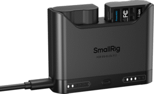 providing extended shooting time for demanding workflows. The charger’s dual-slot design allows for simultaneous charging of two batteries or single-battery charging