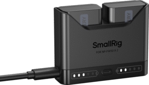 providing extended shooting time for demanding workflows. The charger’s dual-slot design allows for simultaneous charging of two batteries or single-battery charging