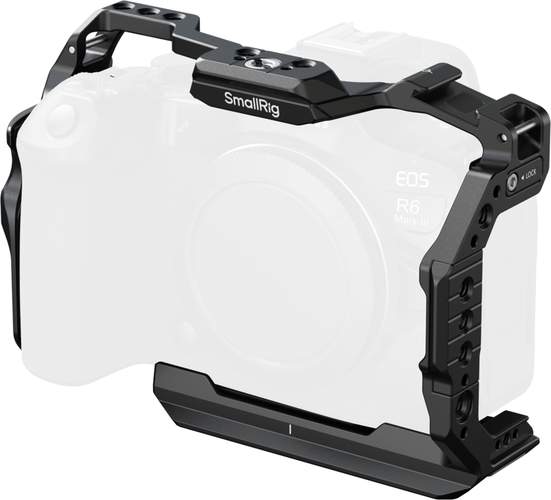 Provides robust protection and extensive mounting options for professional shooting. The cage securely attaches to the camera using a bottom 1/4"-20 screw and dual side locating blocks