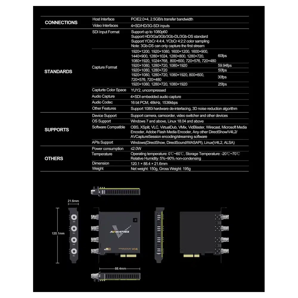 AVMATRIX VC41 4-CH 3G-SDI PCIE Capture Card