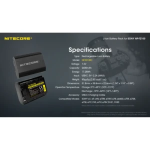 NITECORE NP-FZ100C camera battery for Sony NP-FZ100, 2400mAh, USB charging