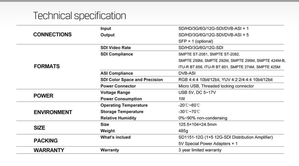 AVMATRIX SD1151-12G 1×5 12G-SDI reclocking distribution amplifier