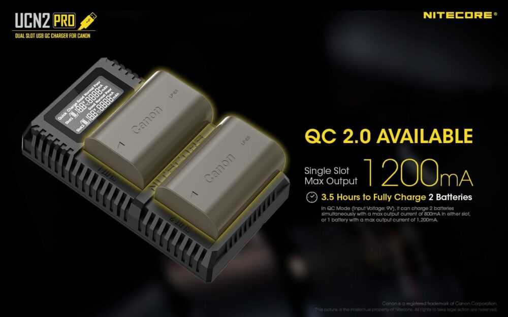 Nitecore UCN2 PRO dual slot digital USB charger for Canon LP-E6N batteries
