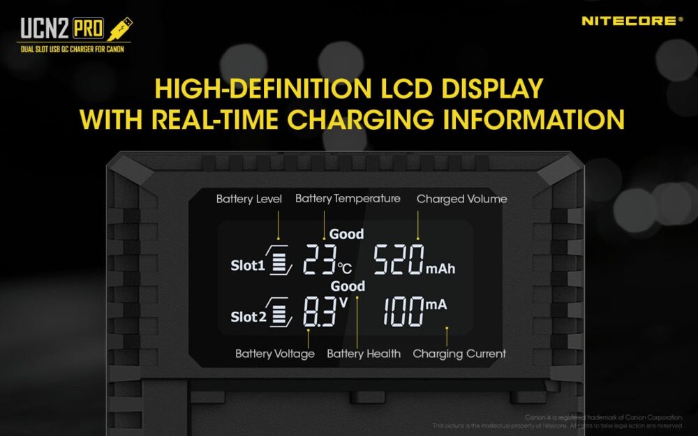 Nitecore UCN2 PRO dual slot digital USB charger for Canon LP-E6N batteries